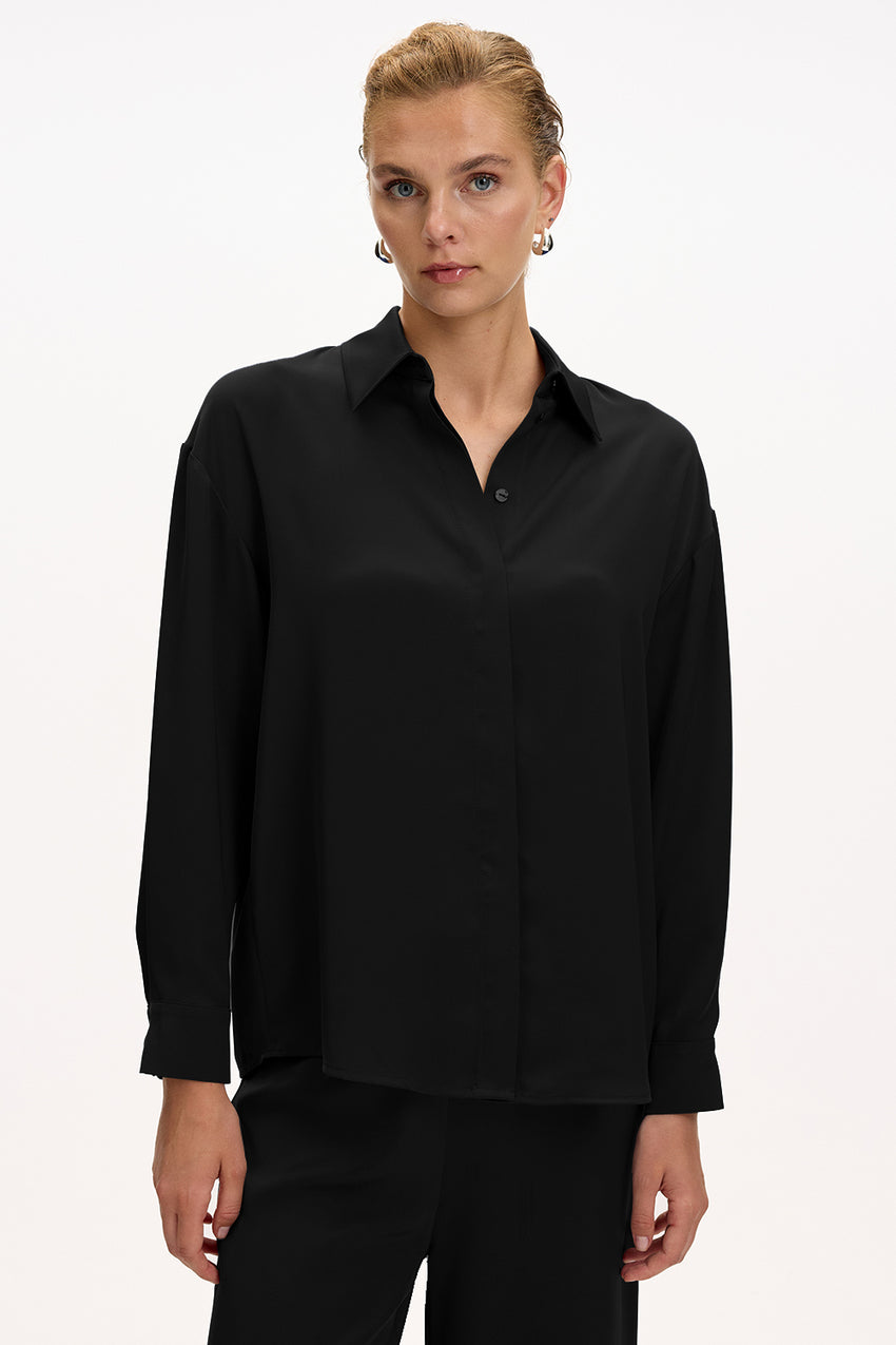 Black Regular Fit Shirt with Long Sleeves, Classic Collar, and Buttons
