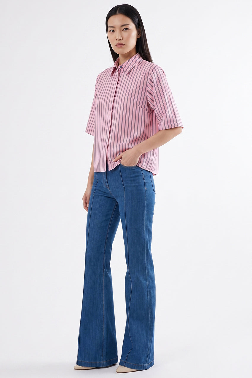 Short Sleeve Button Front Shirt with Concealed Placket - PINK NAVY BLUE