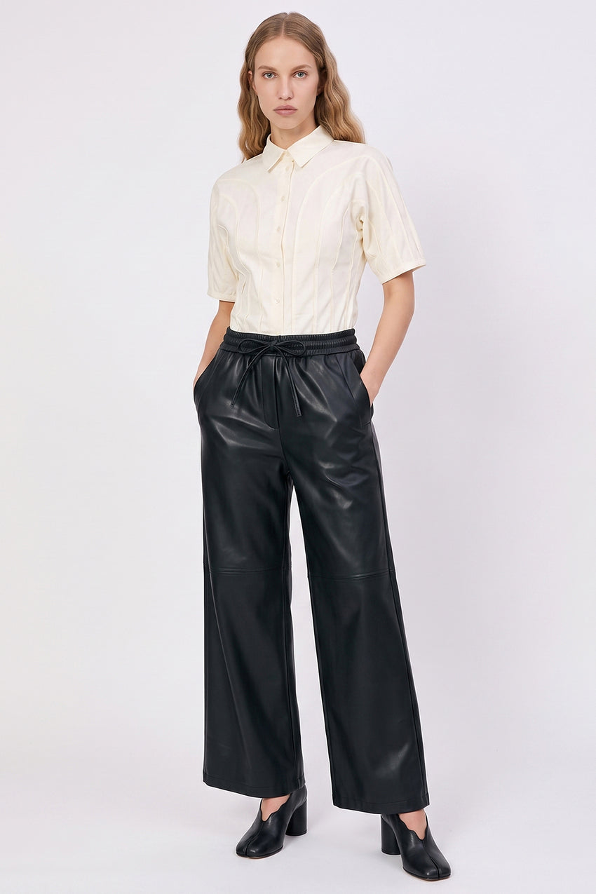 Faux Leather Wide-Leg Trousers with Elastic Waist - BLACK