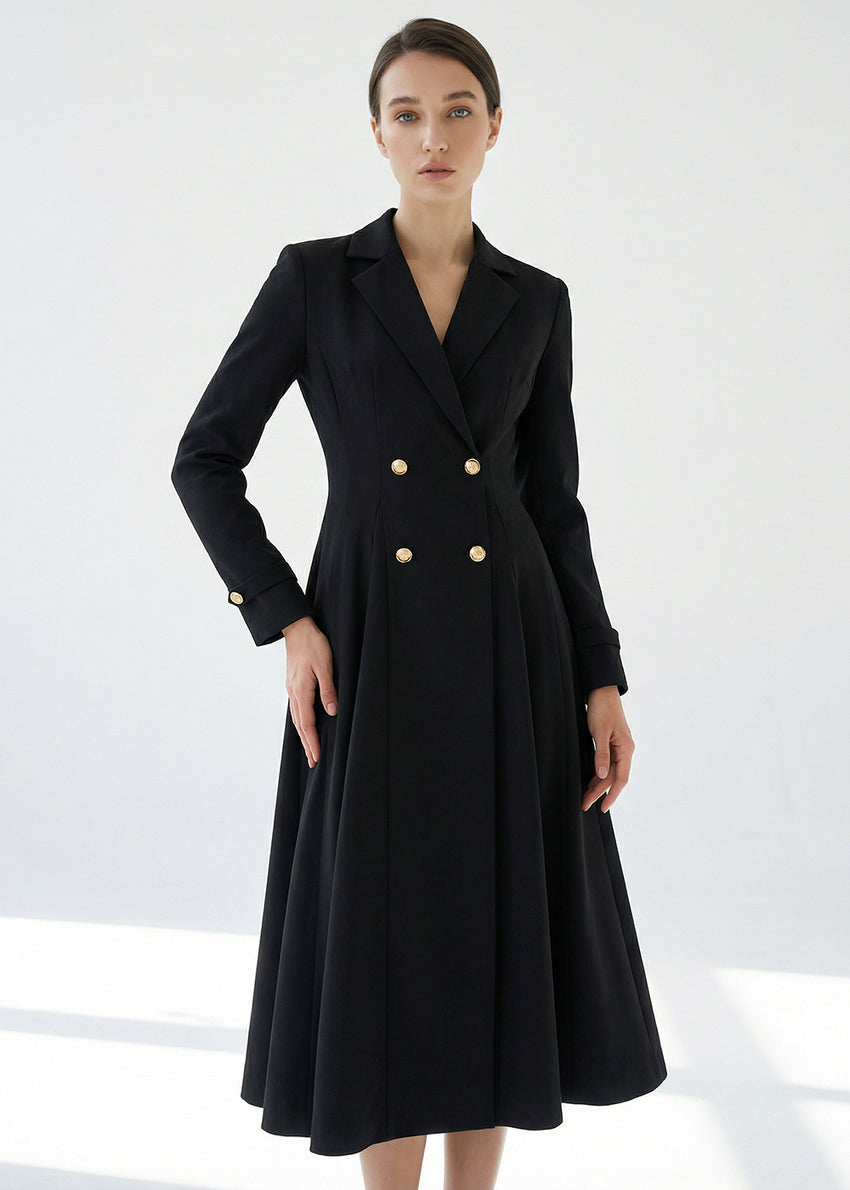 Elegant Gold Button Double Breasted Black Midi Blazer Dress