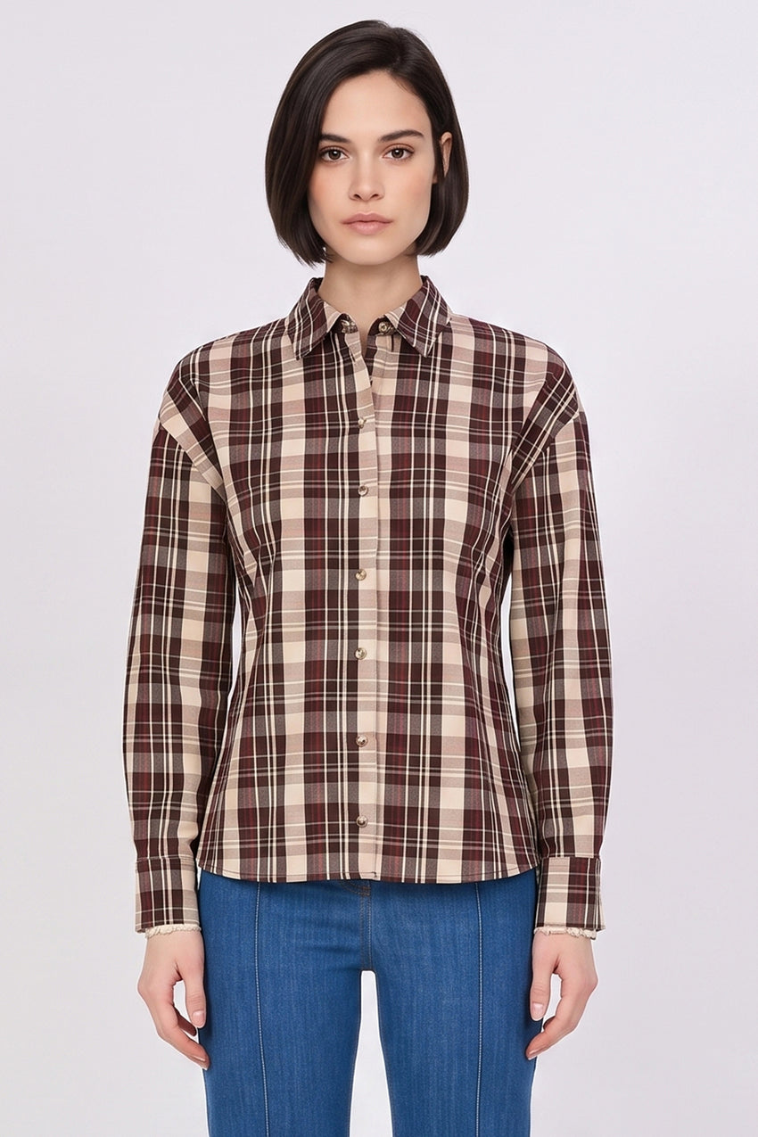 Long Sleeve Snap Button Shirt with Back Pleats - MULTICOLOR