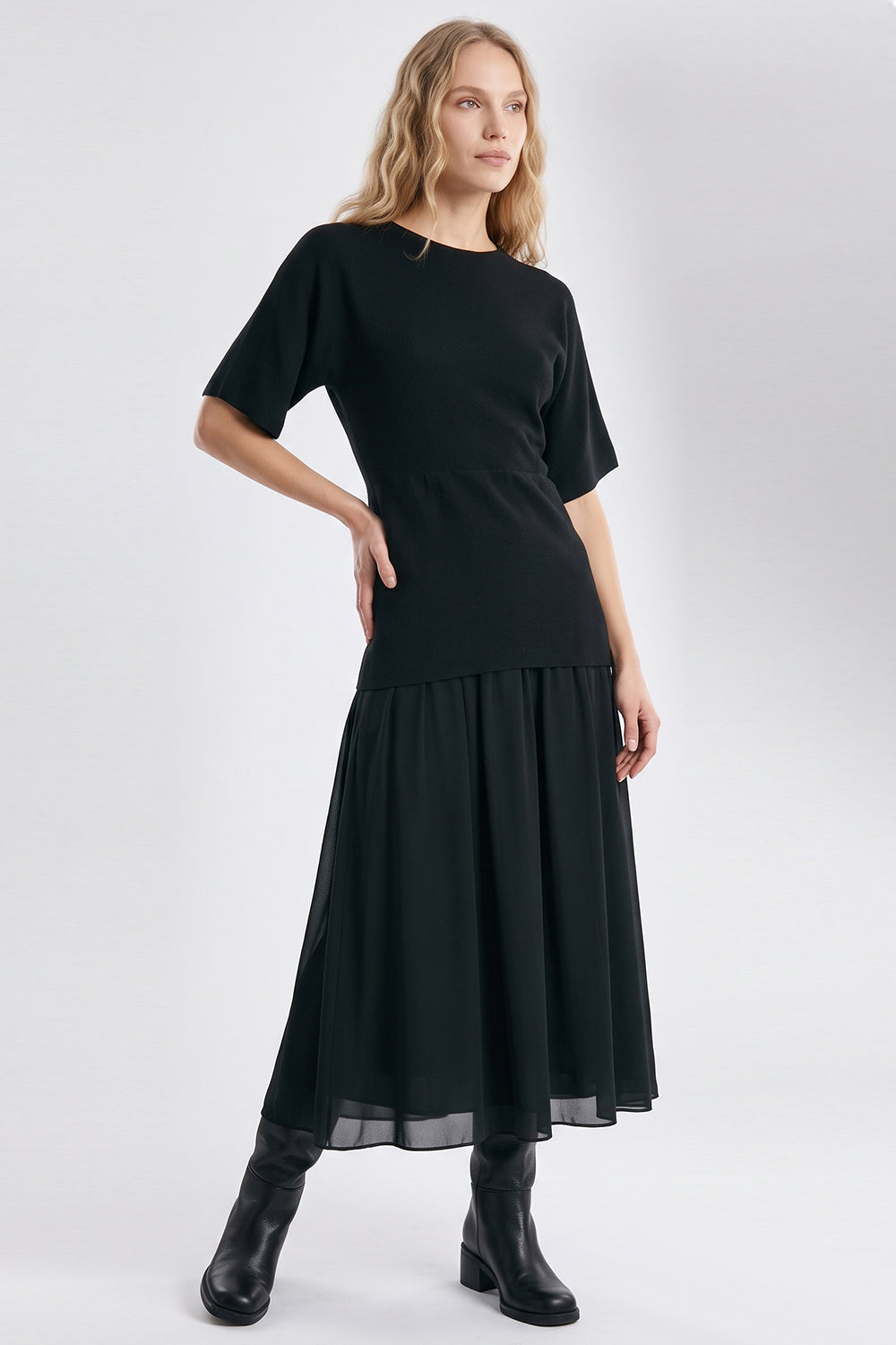 Short Sleeve Midi Dress with Chiffon Lined Skirt - BLACK