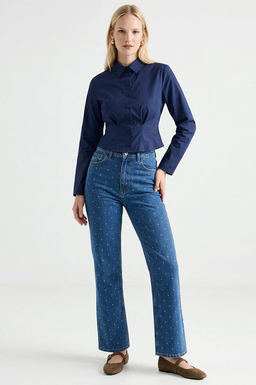 High Waisted Wide Leg Denim Jeans - INDIGO