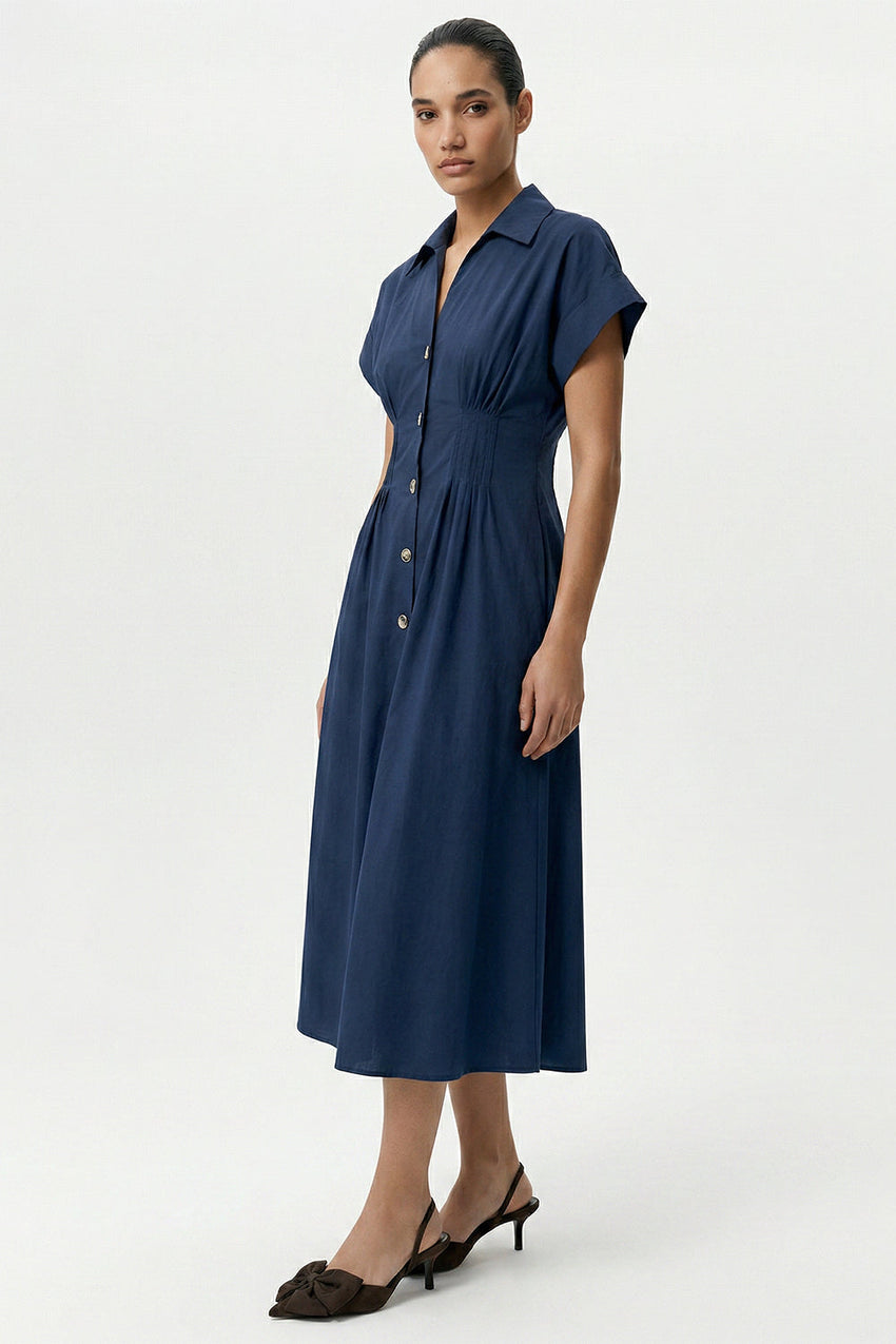 Shirt Collar Elastic Waist Pocket Midi Dress - NAVY BLUE