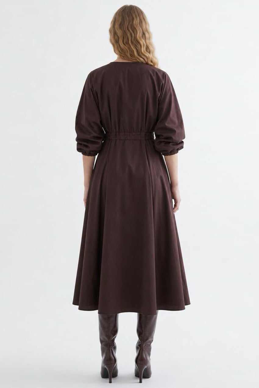 Elastic Back Balloon Sleeve Midi Dress - BROWN
