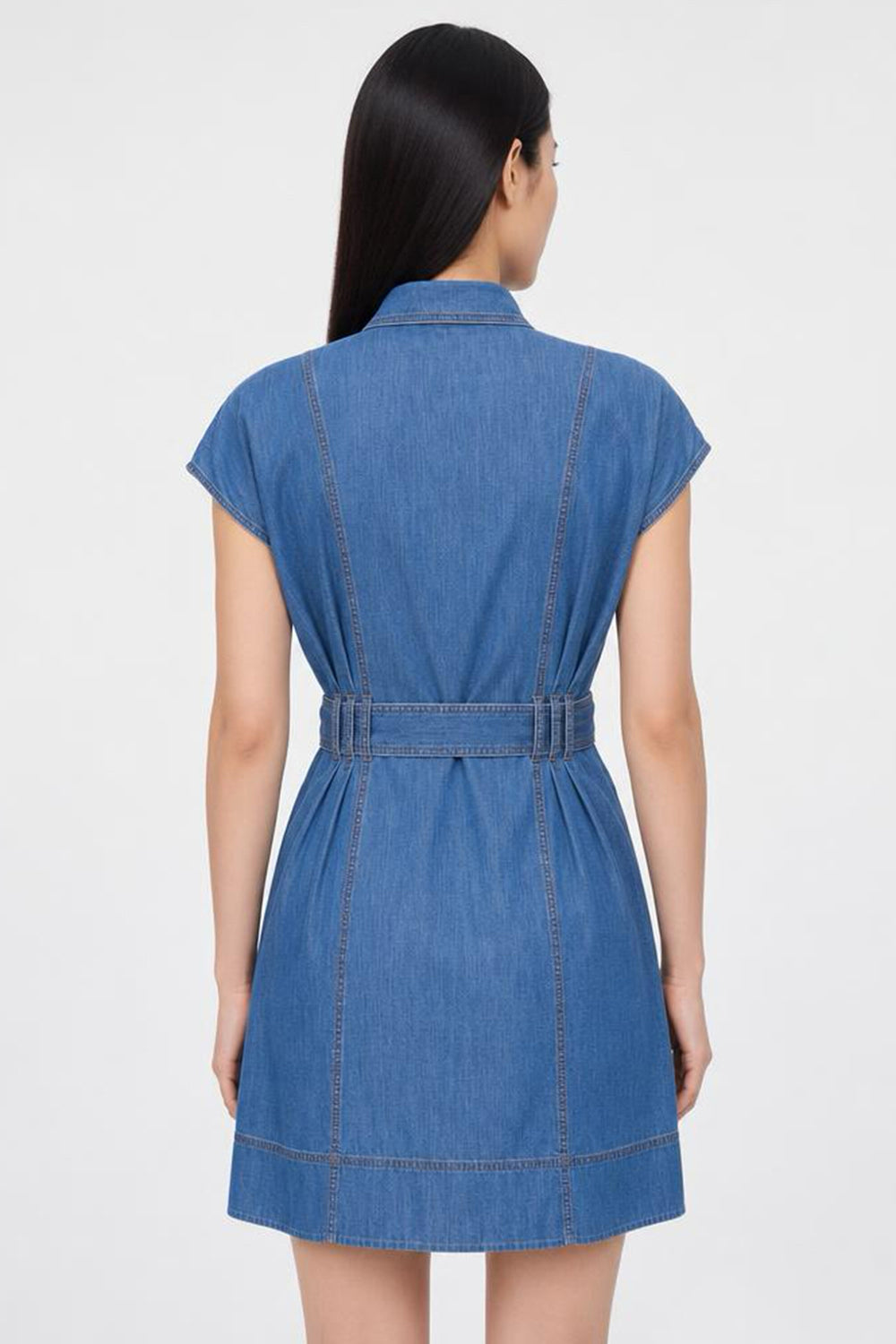 Short Sleeve Mini Dress with Pockets and Belt - INDIGO