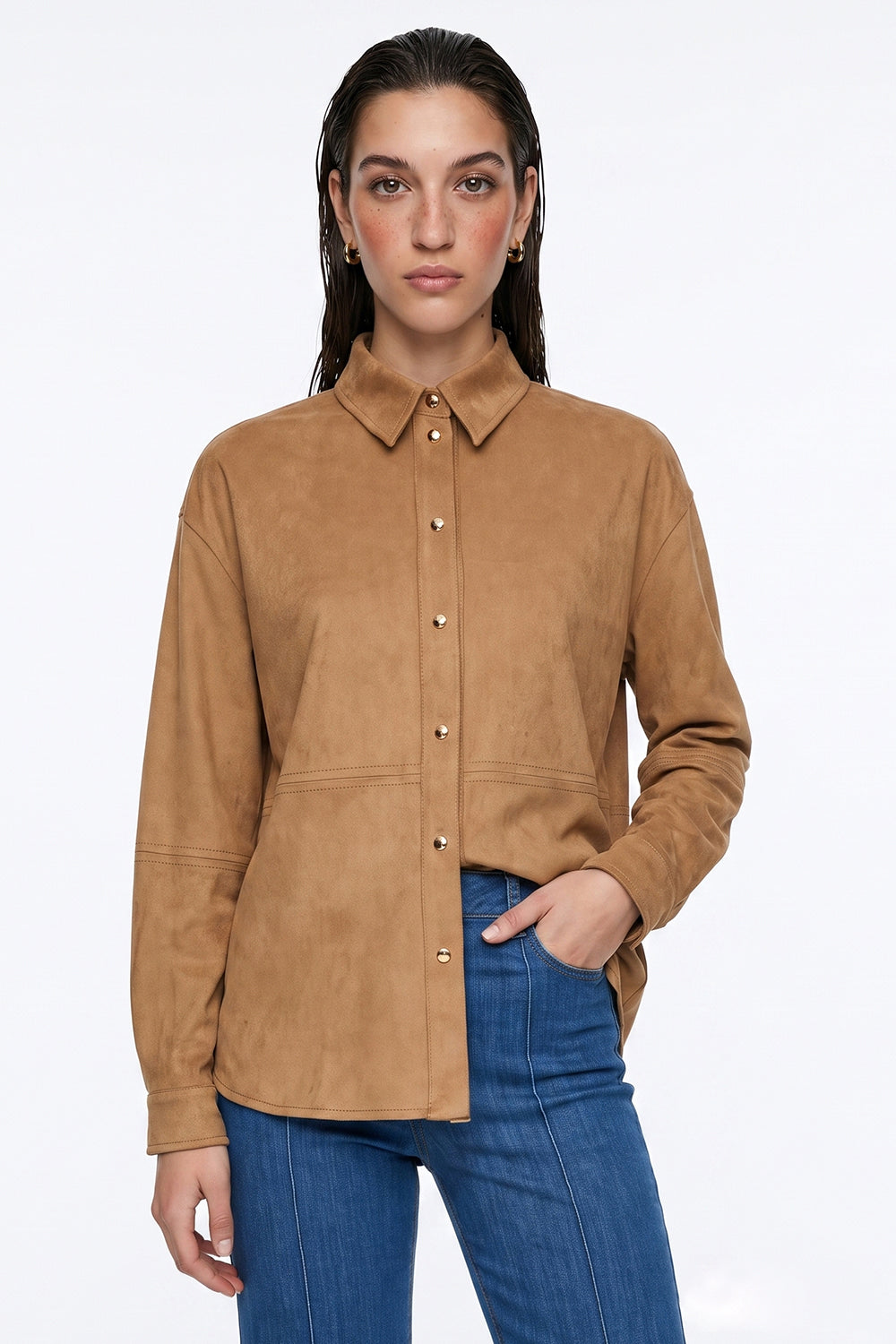 Long Sleeve Snap Button Shirt - CAMEL