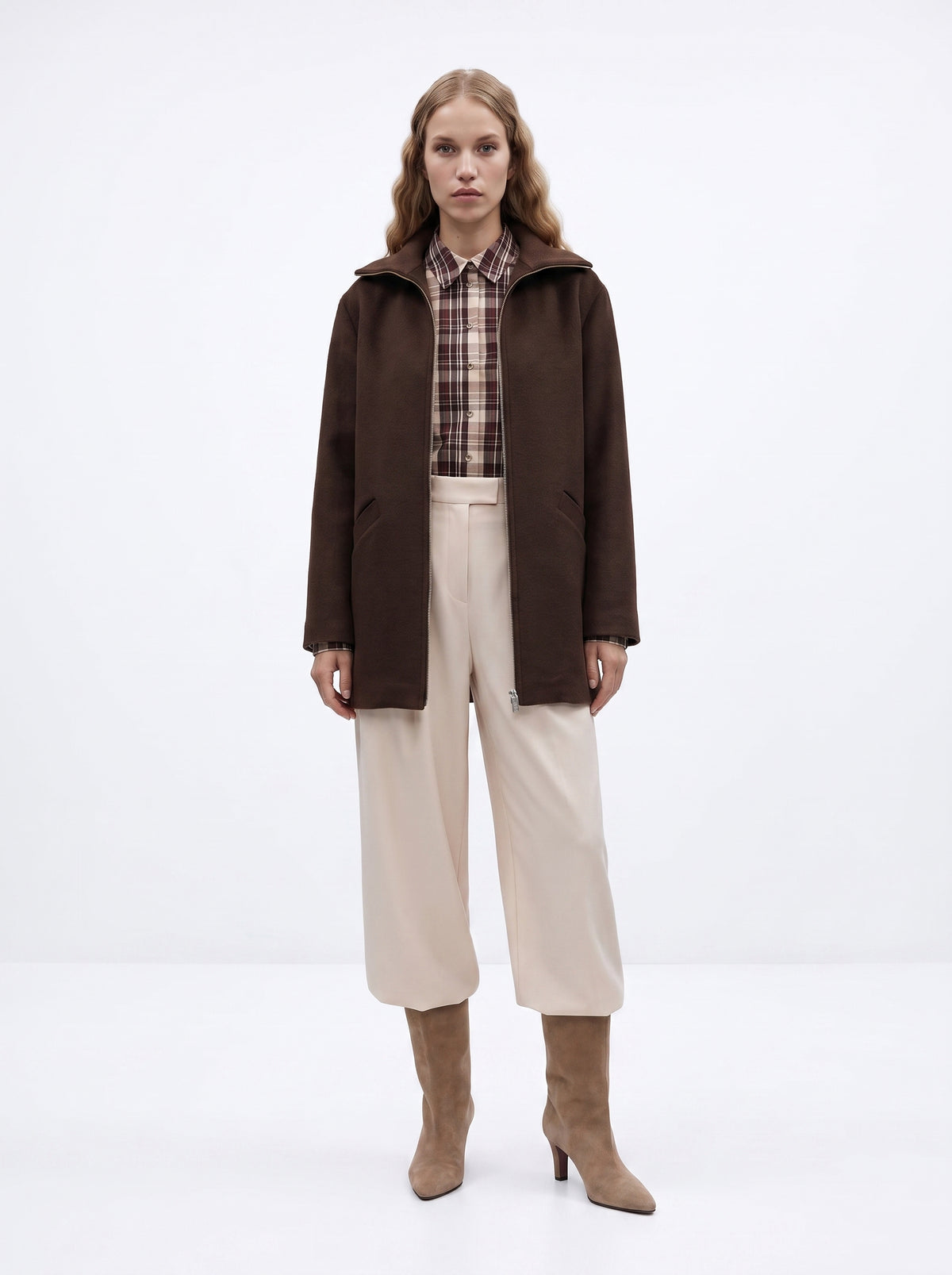Ribbed Wool Blend Lined Coat - BROWN