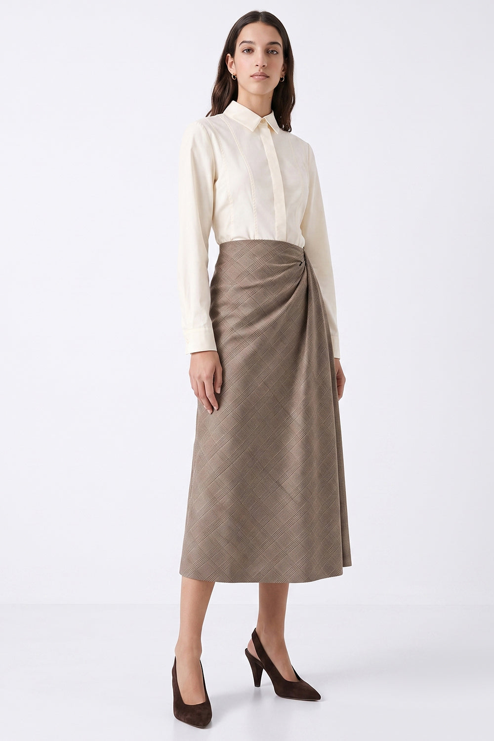 Midi Skirt with Side Slit and Ruched Waist - MULTICOLOR