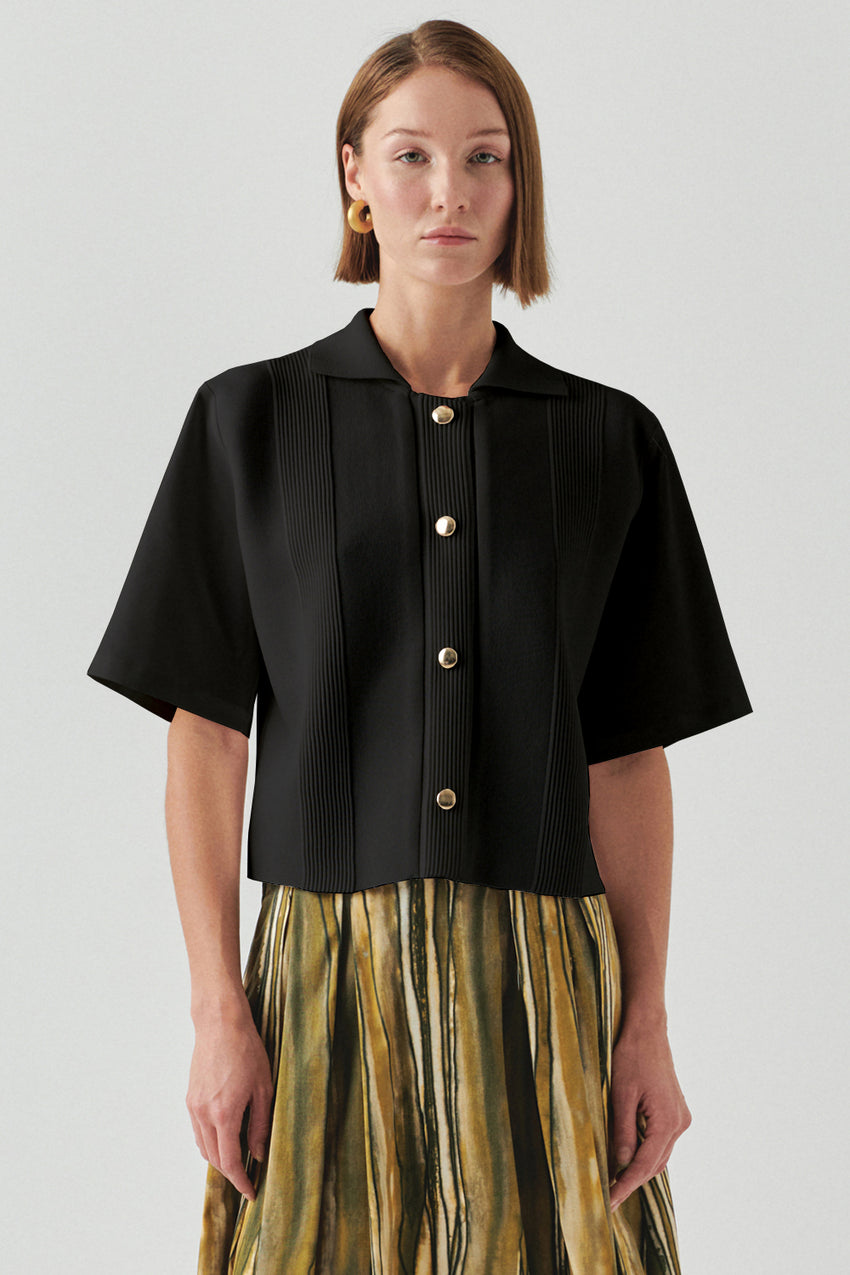 Short Sleeve Knit Trim Poplin Regular Shirt Black