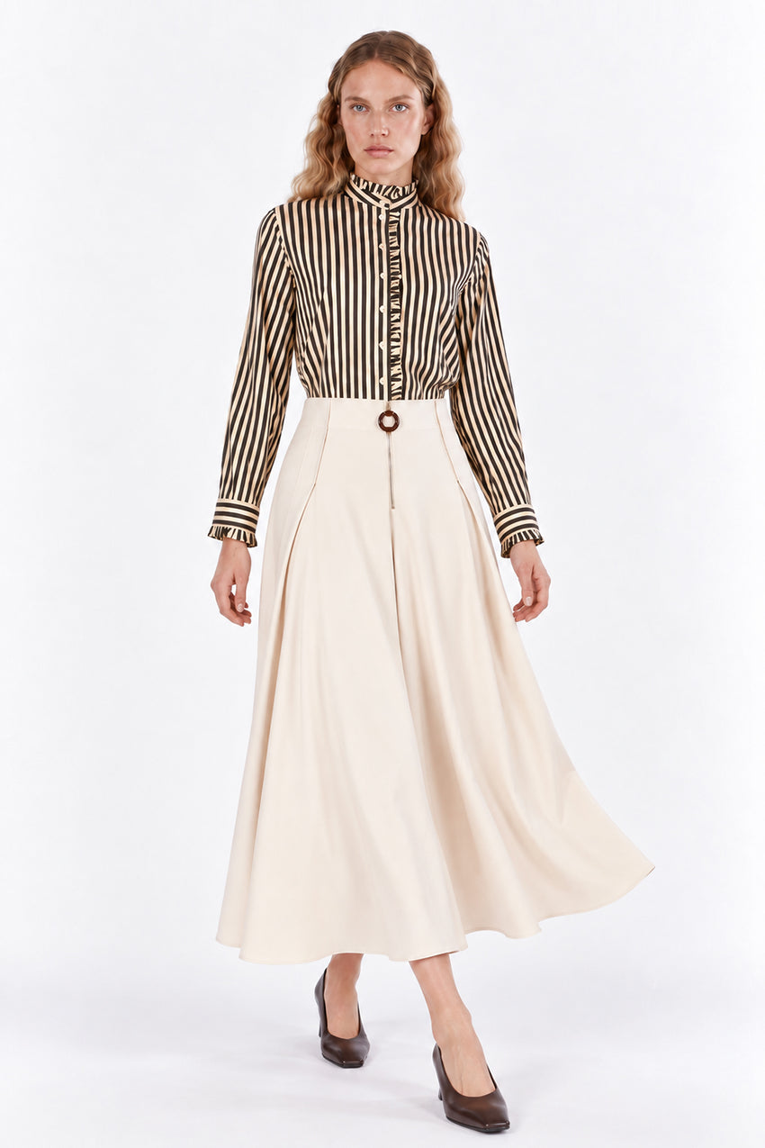 Ruffle Stand Collar Long Sleeve Shirt - BROWN BEIGE