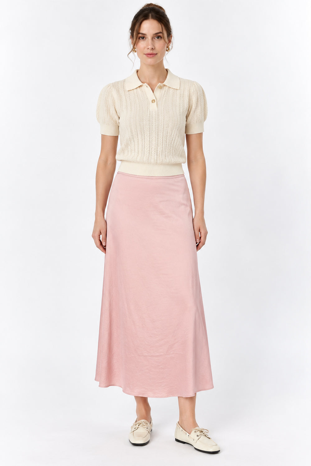 Satin Midi Skirt with Elastic Back - PINK