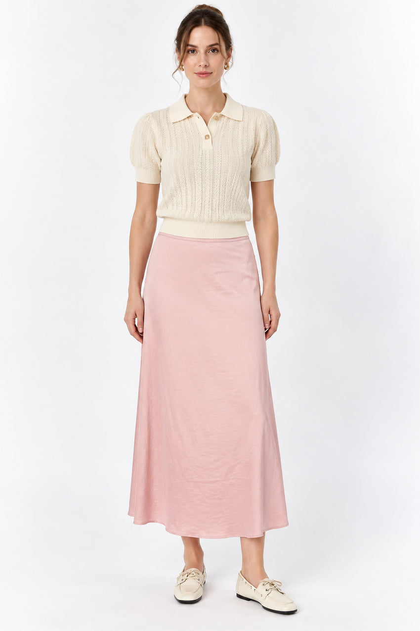 Satin Midi Skirt with Elastic Back - PINK