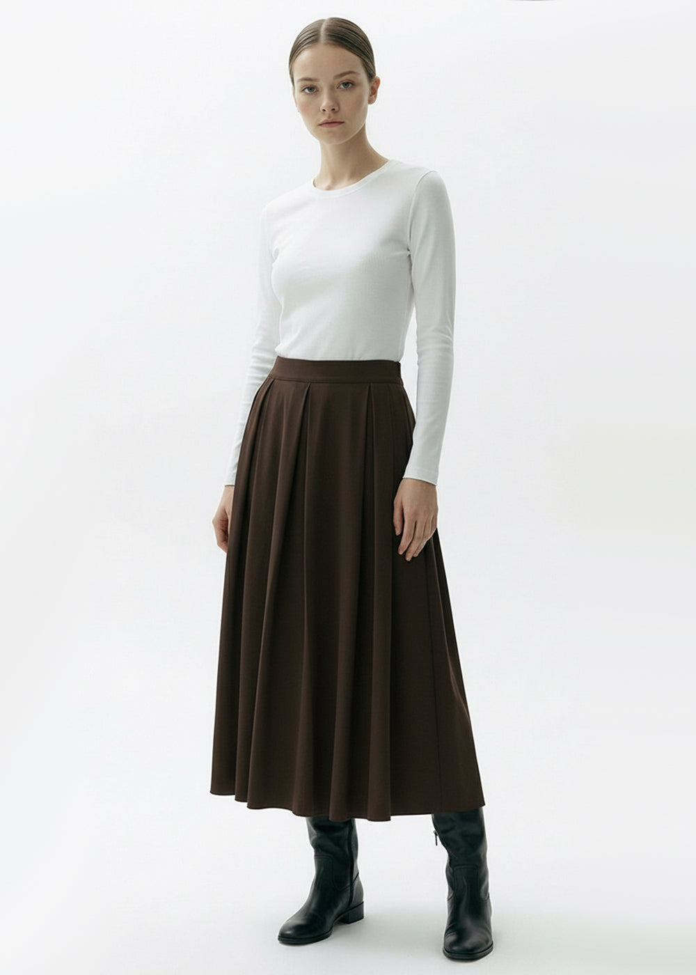 Chic Pleated Brown Midi Skirt Featuring Side Pockets