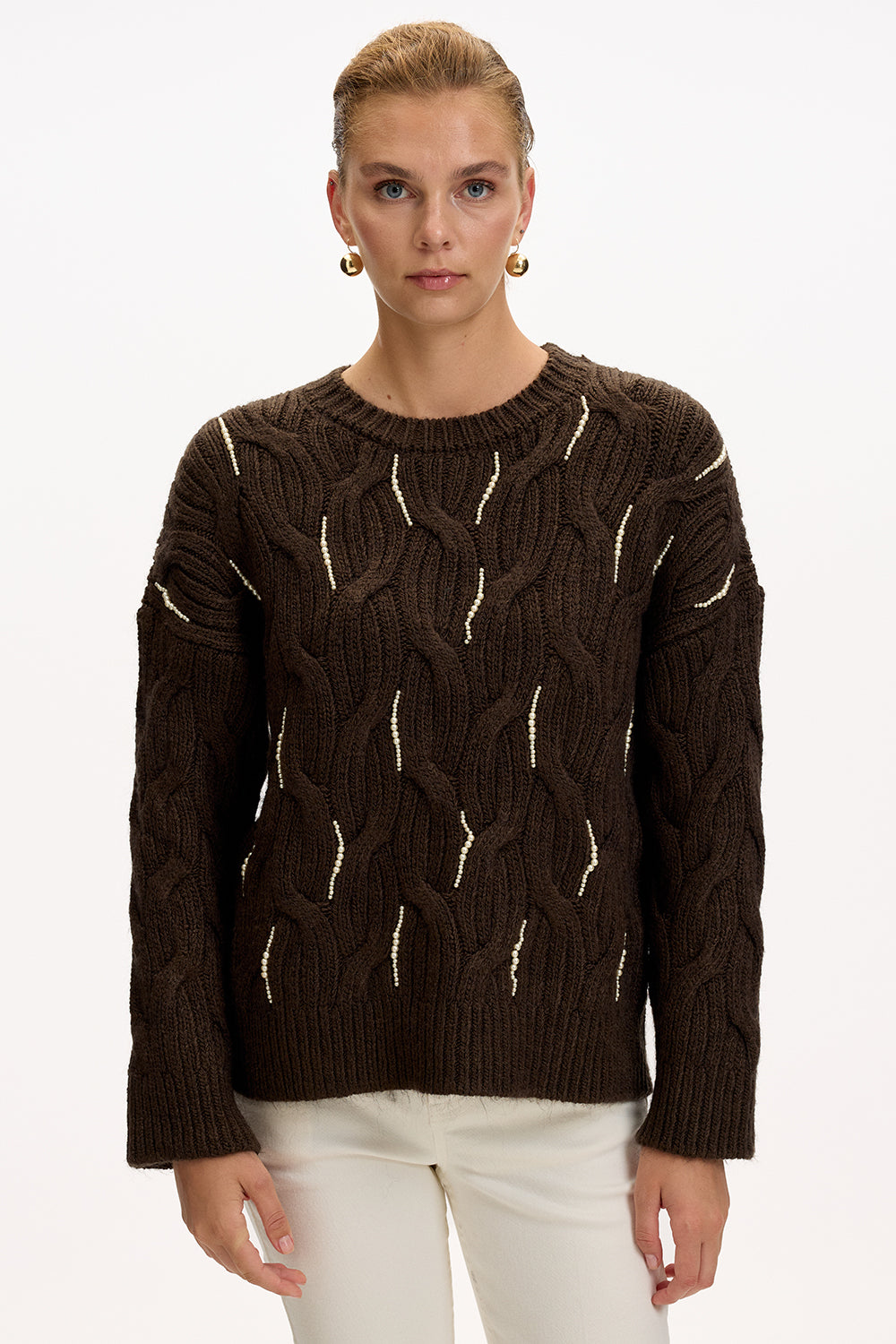 Brown Regular Fit Knit Blouse with Beaded Embroidery and Crew Neck