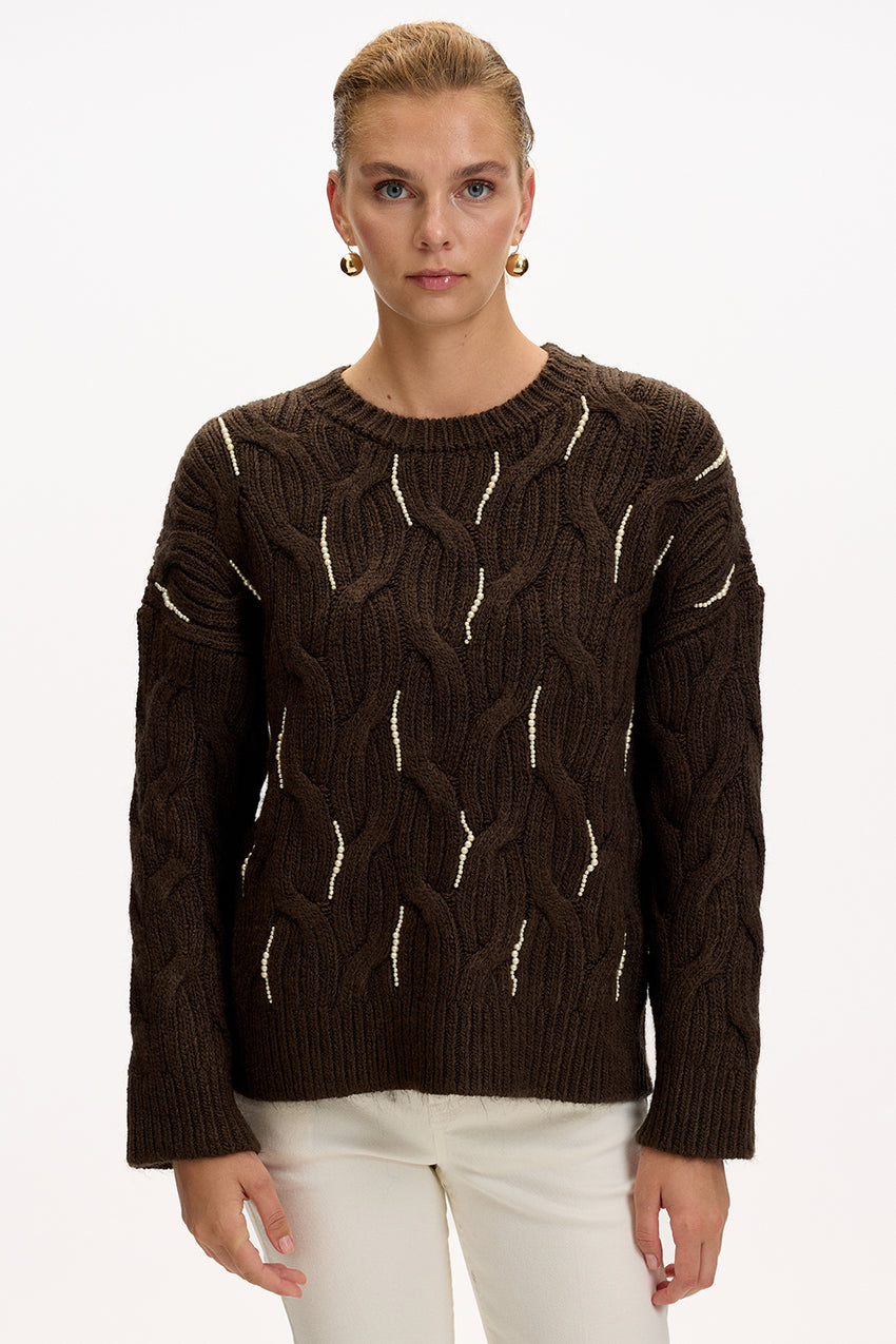 Brown Regular Fit Knit Blouse with Beaded Embroidery and Crew Neck