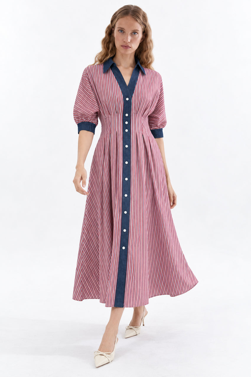 Denim Trim Raglan Sleeve Pleated Midi Dress - MULTICOLOR