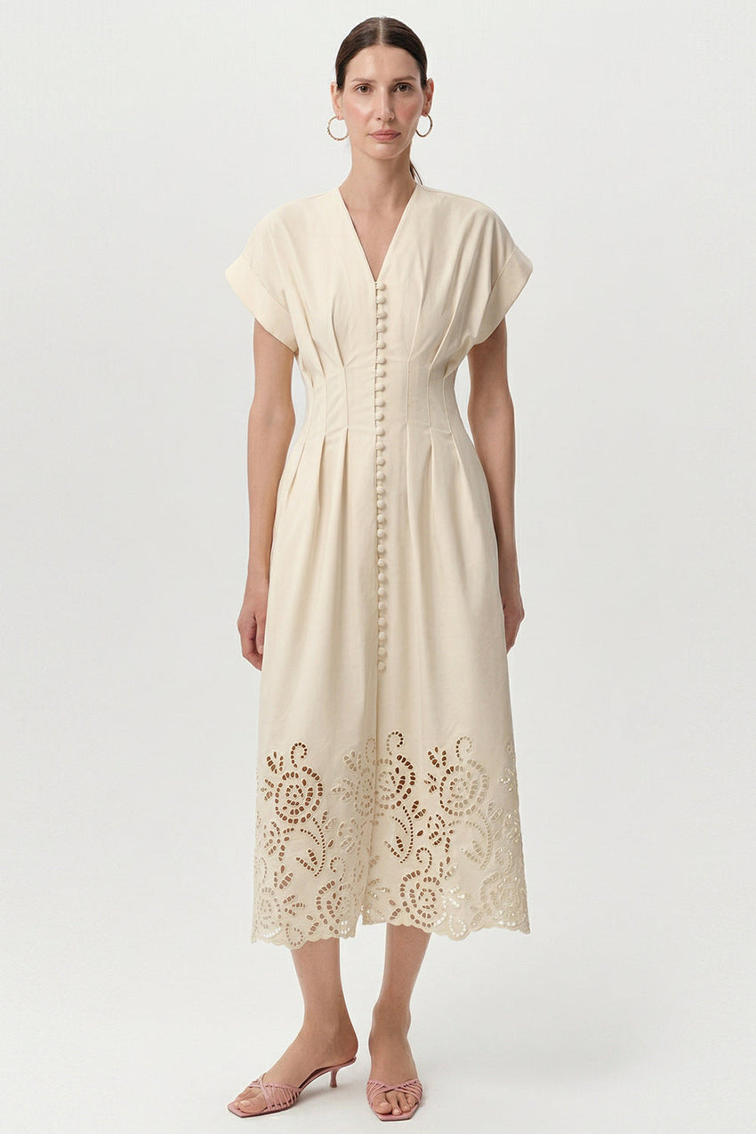 V Neck Short Sleeve Buttoned Midi Dress - BONE