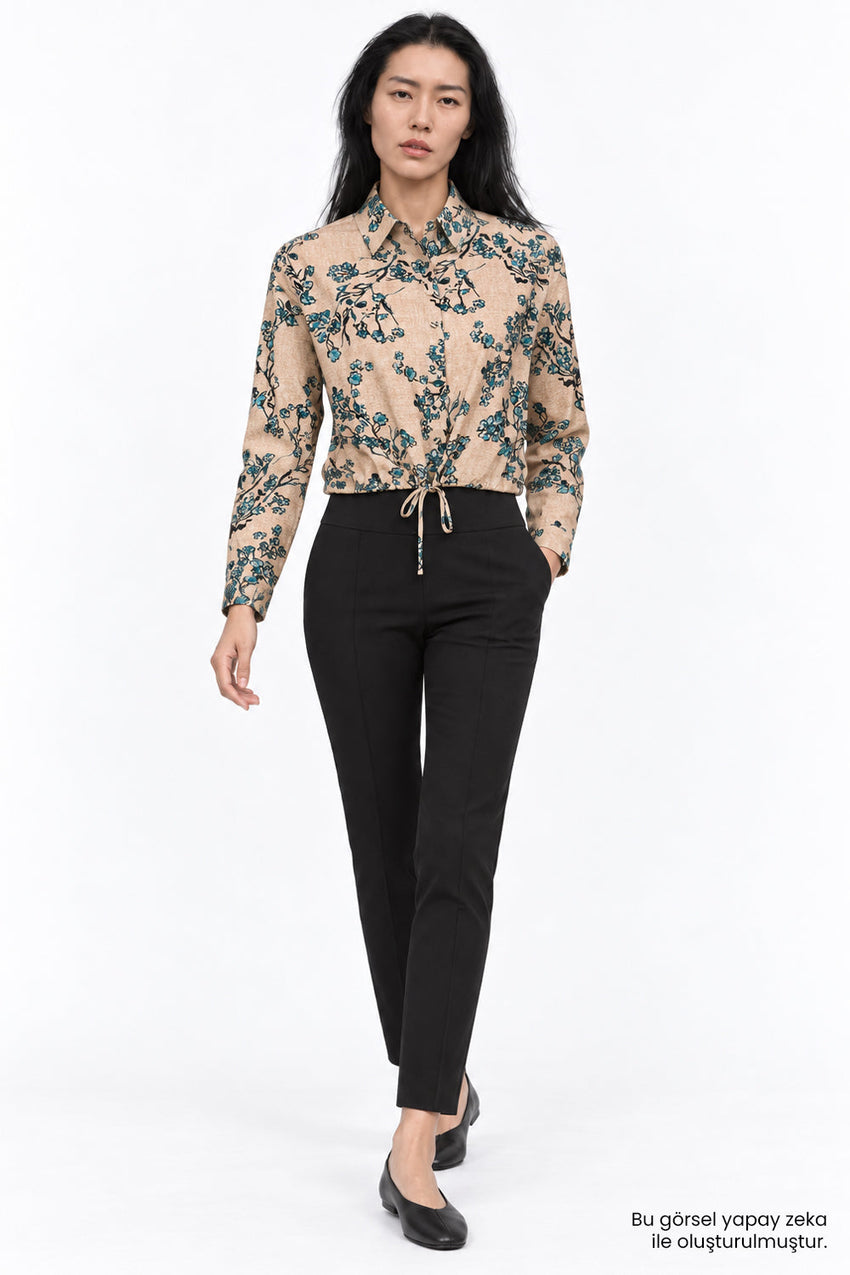 Collared Shirt with Elastic Hem - MULTICOLOR