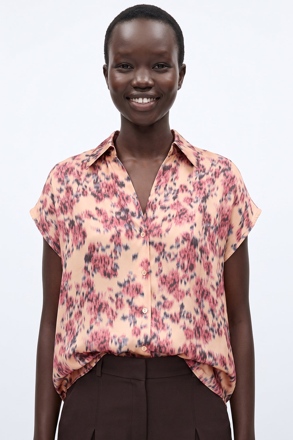 Dropped Sleeve Button-Front Satin Shirt - MULTICOLOR