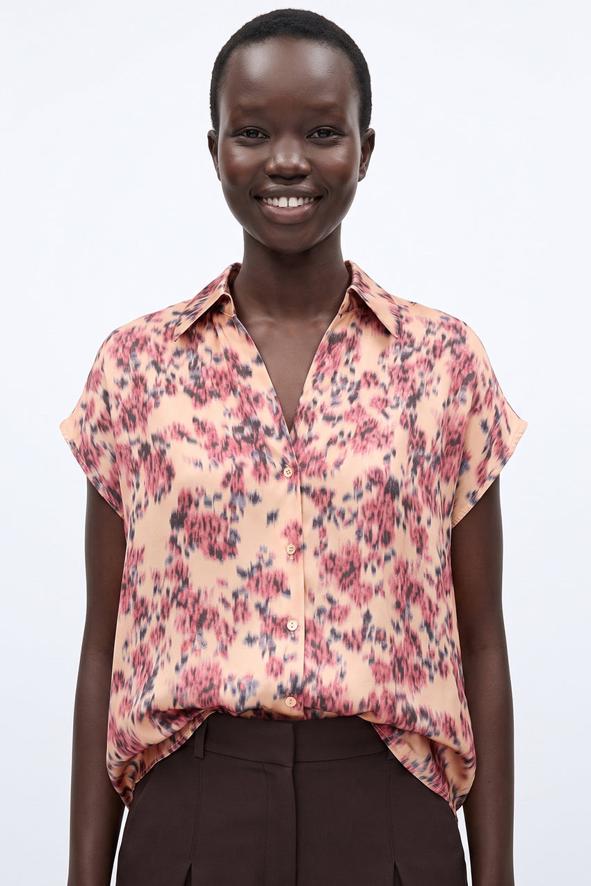 Dropped Sleeve Button-Front Satin Shirt - MULTICOLOR