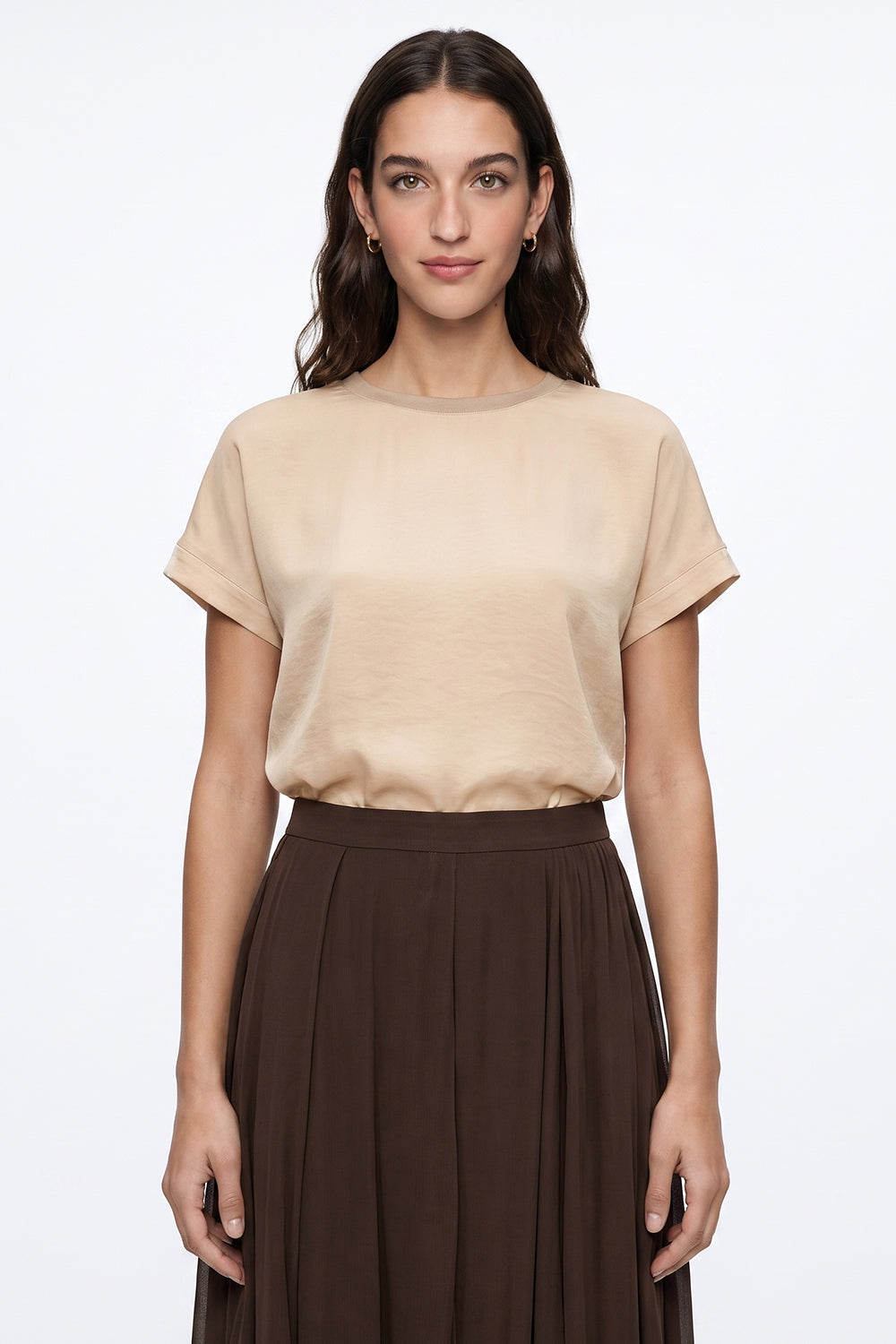 Round Neck Ribbed Satin Blouse - BEIGE