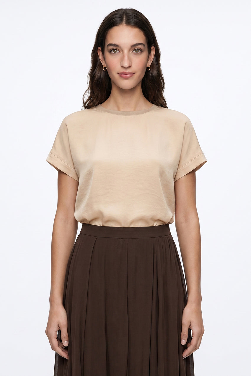 Round Neck Ribbed Satin Blouse - BEIGE