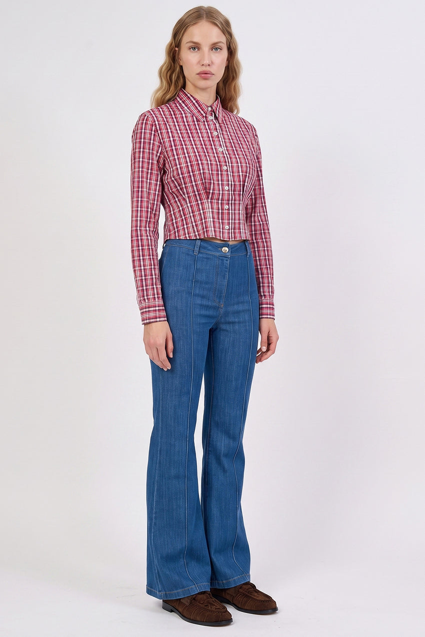 Collared Long Sleeve Shirt with Pleated Waist - MULTICOLOR