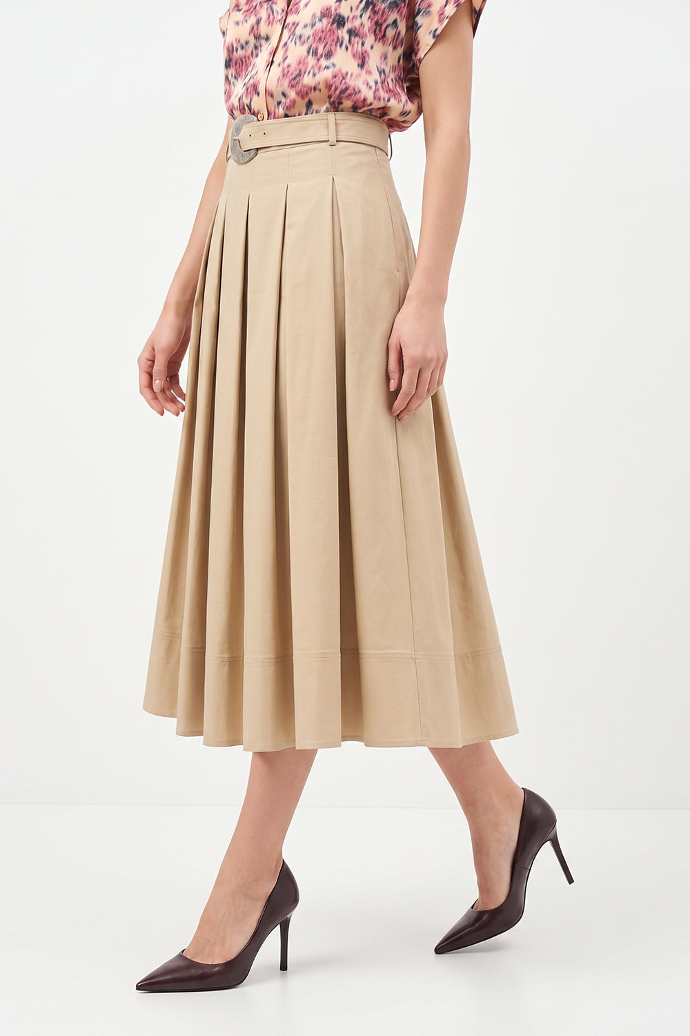 Pleated Midi Skirt with Zipper and Belt - BEIGE