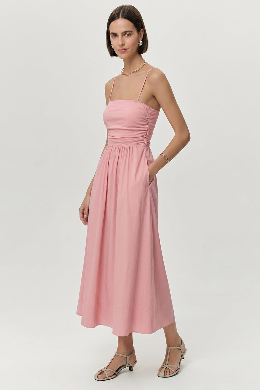 Spaghetti Strap Elastic Waist Pocket Midi Dress - PINK
