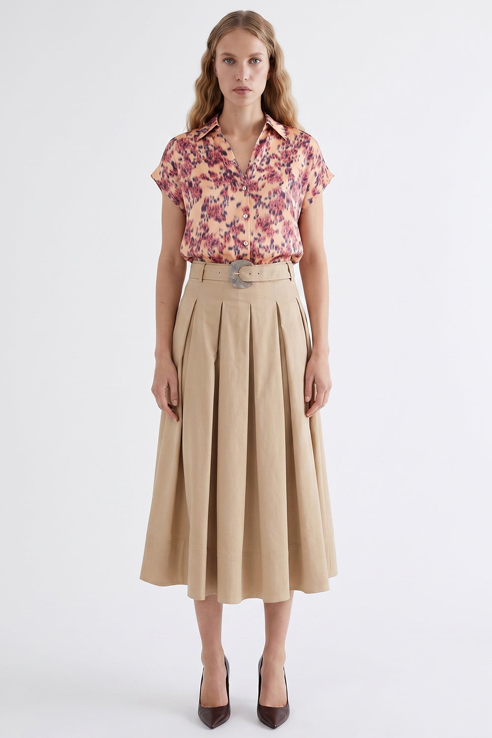 Pleated Midi Skirt with Zipper and Belt - BEIGE