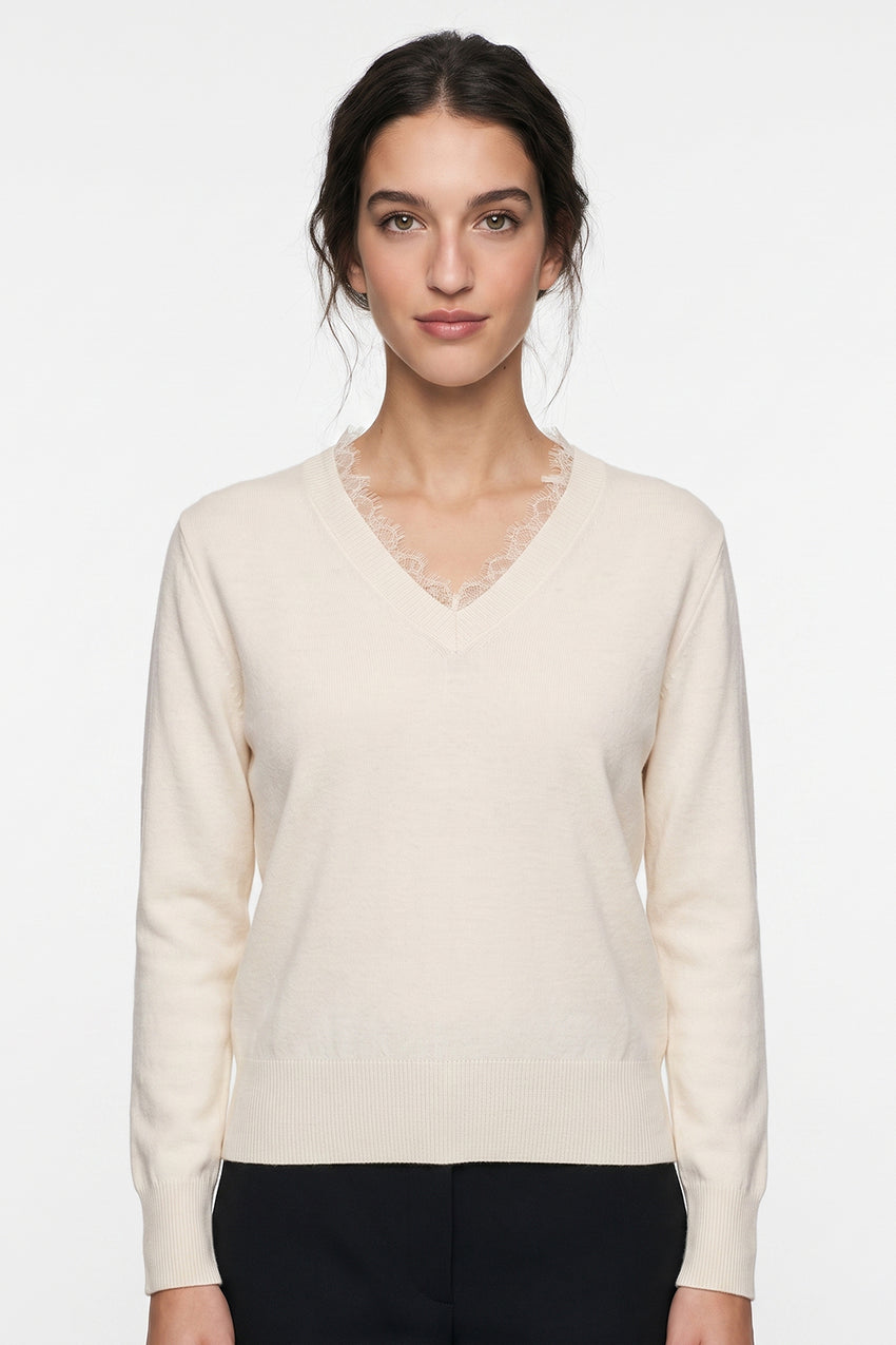Long Sleeve V Neck Knit Blouse with Lace Trim - ECRU