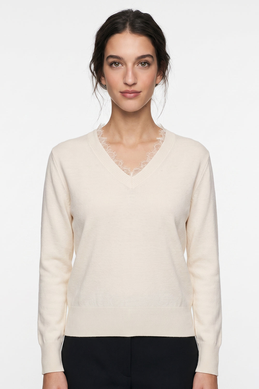 Long Sleeve V Neck Knit Blouse with Lace Trim - ECRU