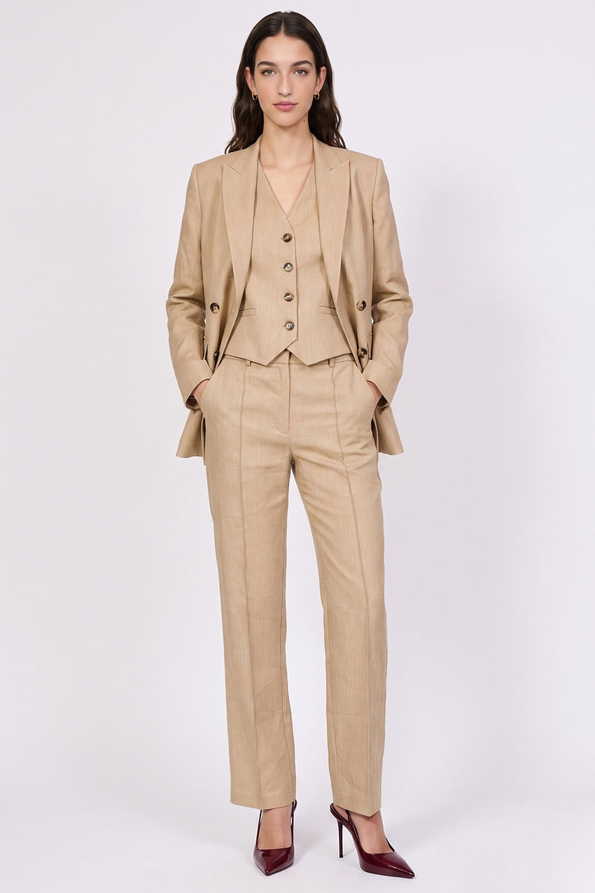 Linen Blend Shoulder-Padded Wrap Jacket - CAMEL
