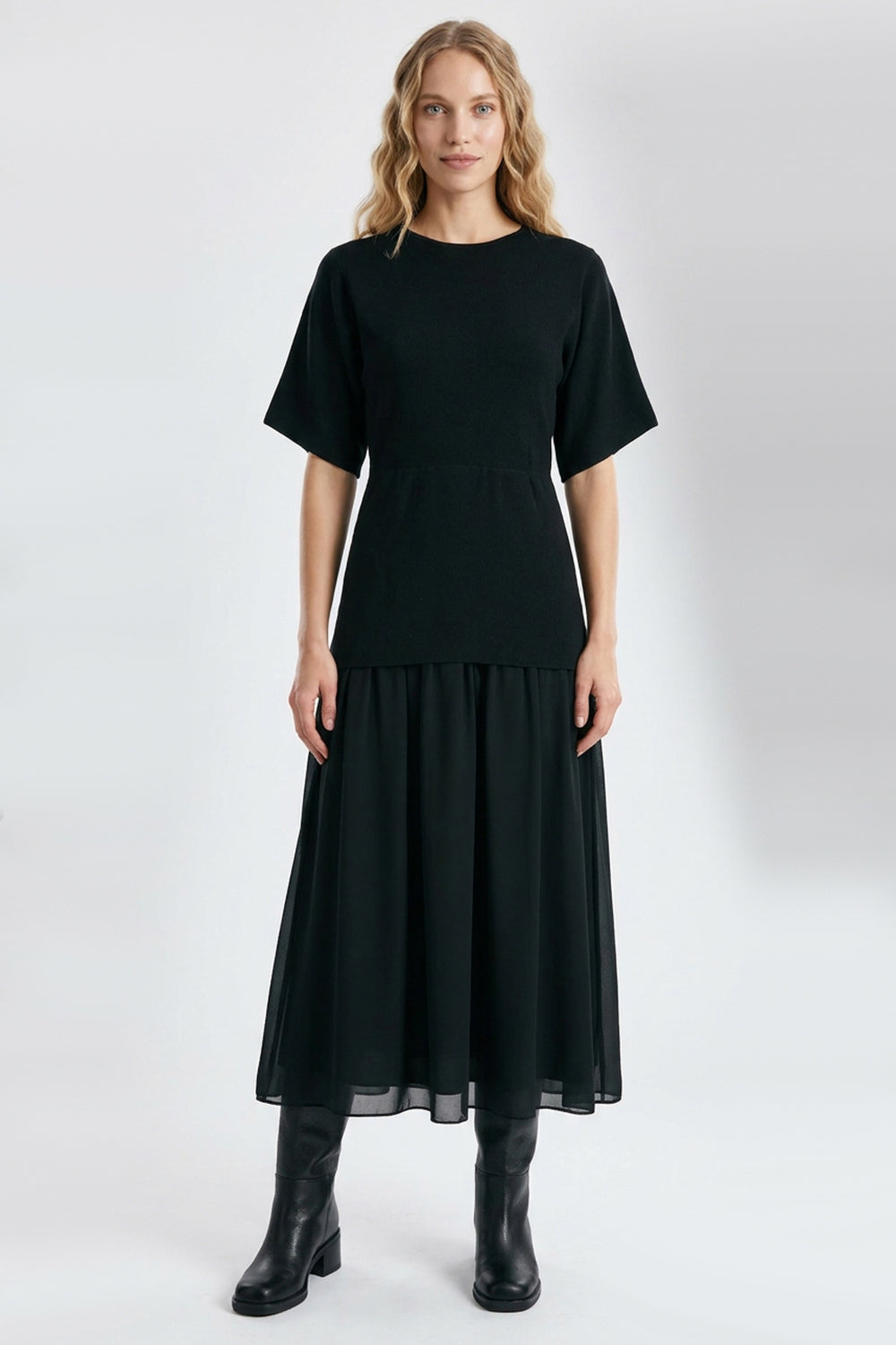 Short Sleeve Midi Dress with Chiffon Lined Skirt - BLACK