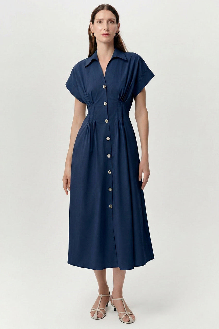 Shirt Collar Elastic Waist Pocket Midi Dress - NAVY BLUE