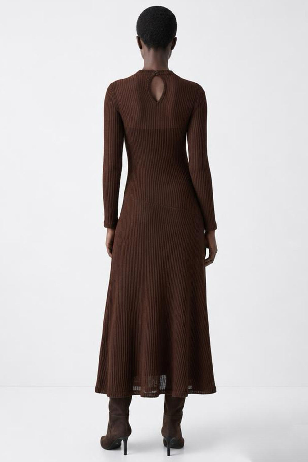 Lined Lace Flared Knit Midi Dress - BROWN