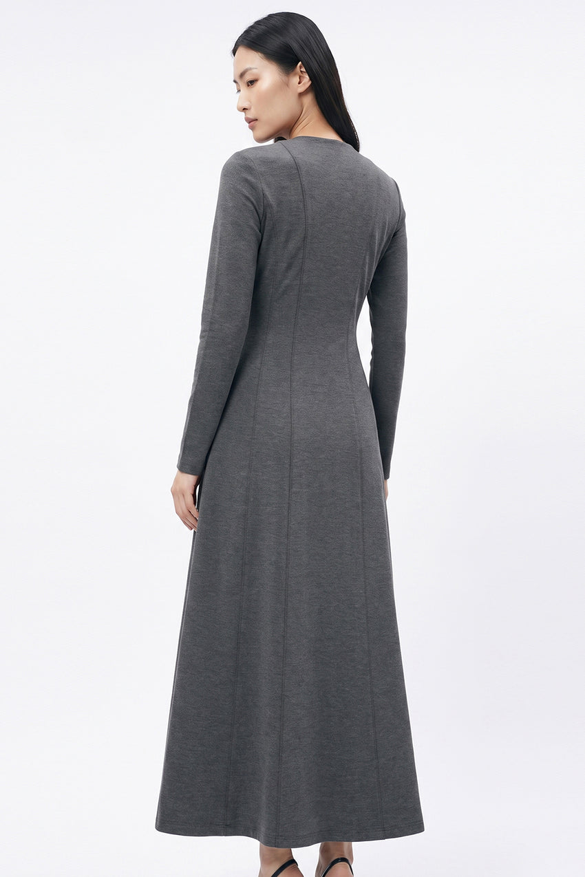 Long Sleeve Knit Dress with Zipper and Pockets - GREY MELANGE