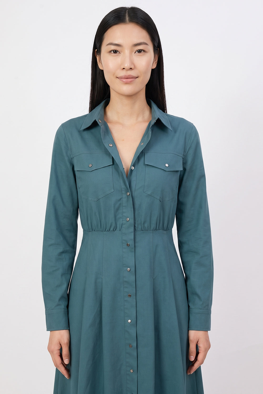 Pleated Long Sleeve Midi Shirt Dress - DARK GREEN
