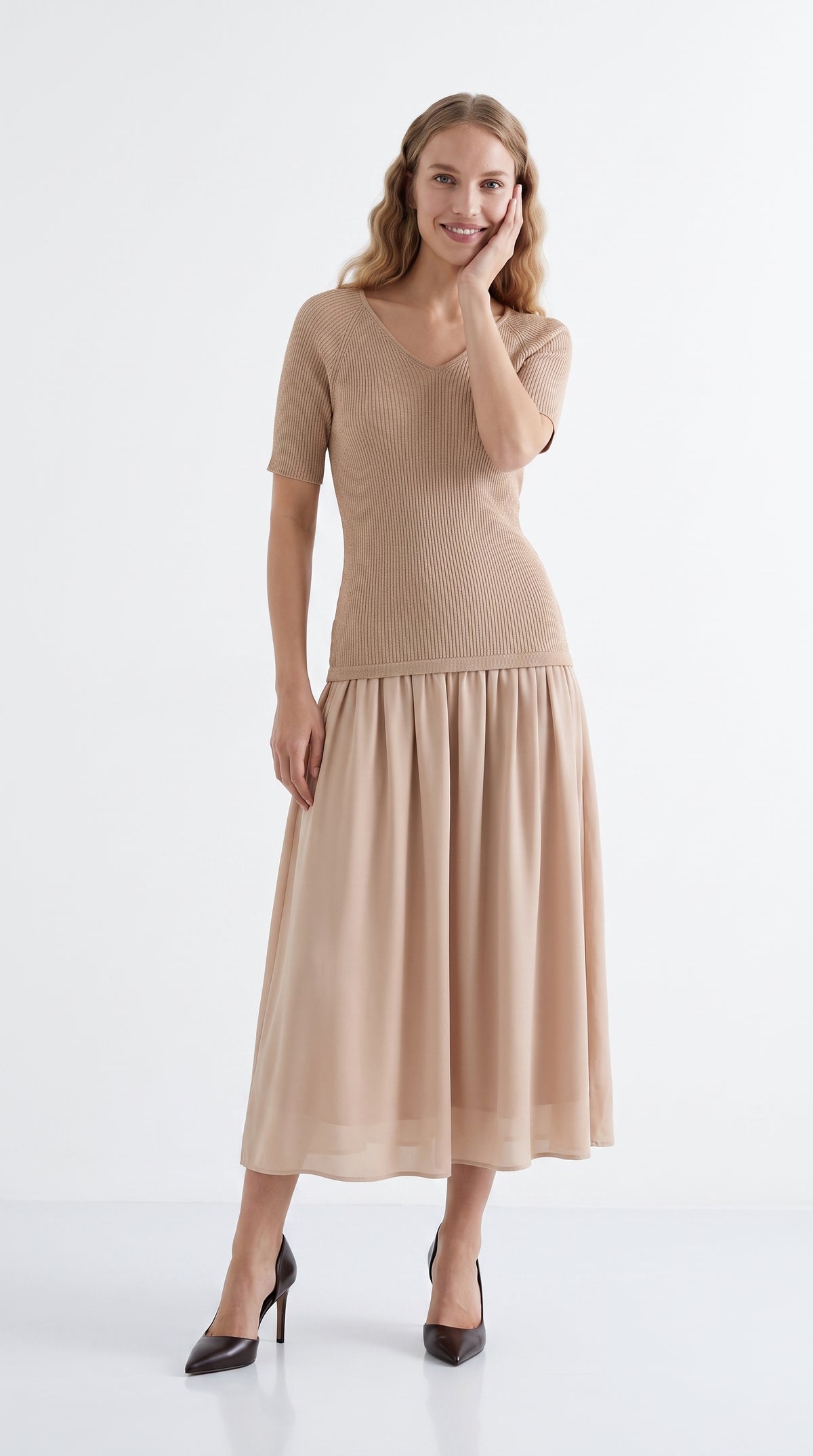 Round Neck Long Sleeve Lined Knit Maxi Dress - BEIGE