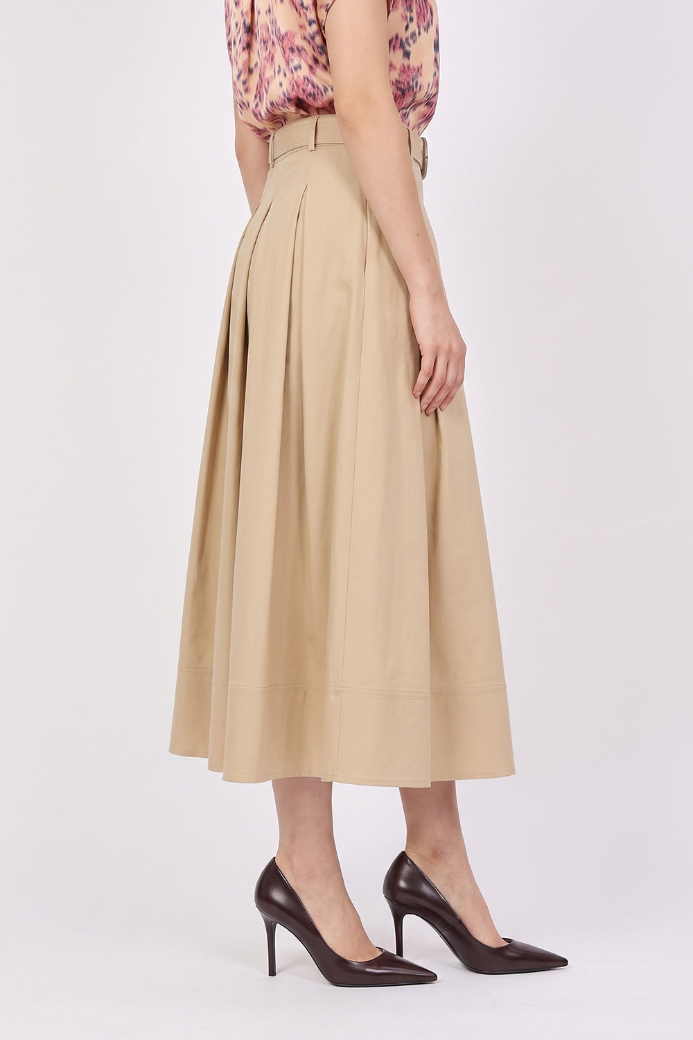 Pleated Midi Skirt with Zipper and Belt - BEIGE