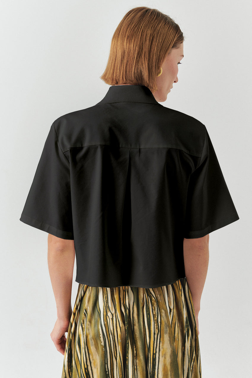 Short Sleeve Knit Trim Poplin Regular Shirt Black