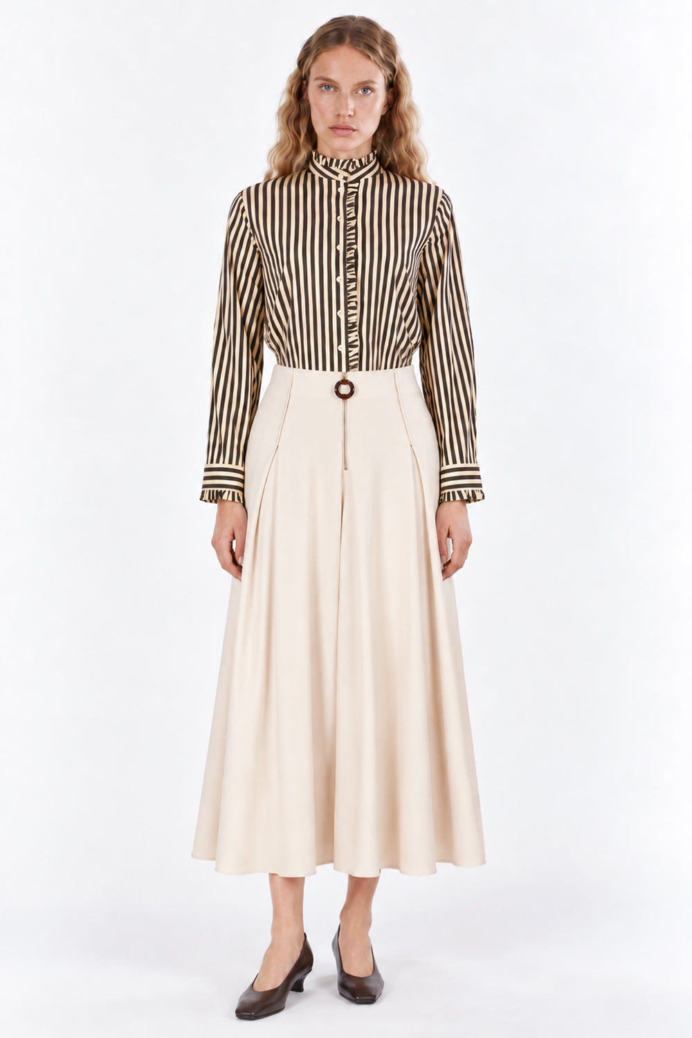 Ruffle Stand Collar Long Sleeve Shirt - BROWN BEIGE