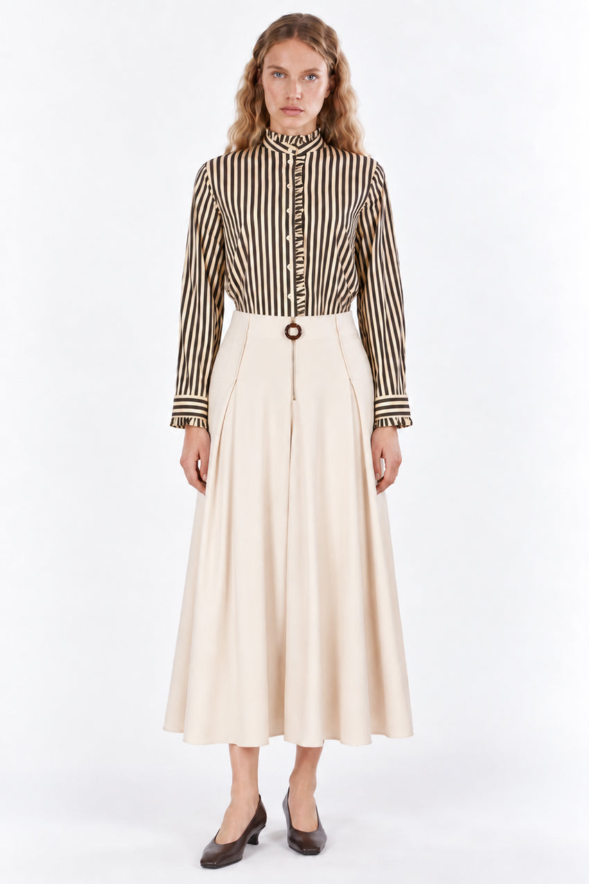 Ruffle Stand Collar Long Sleeve Shirt - BROWN BEIGE