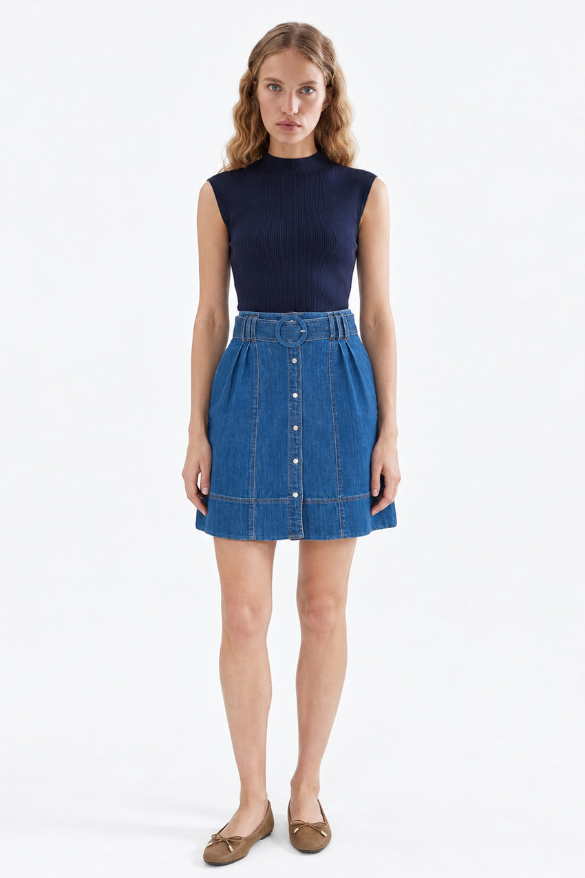 High Waisted Mini Skirt with Belt and Pockets - INDIGO