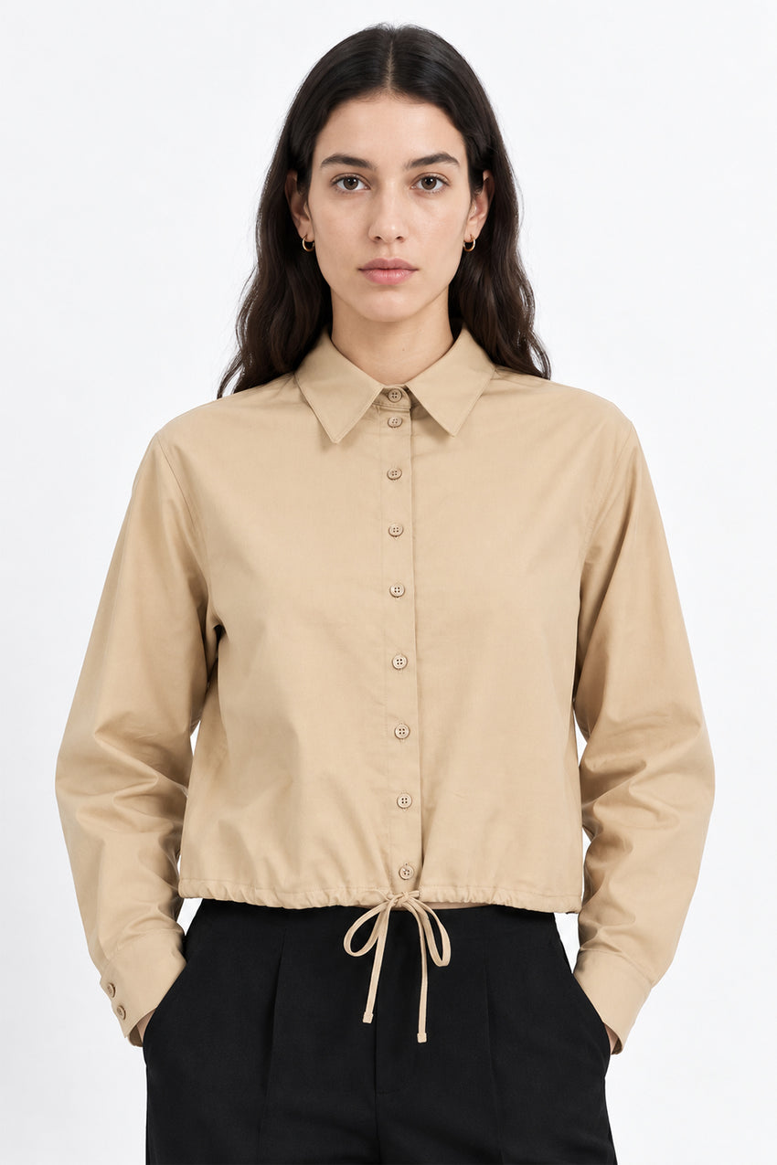 Long Sleeve Shirt with Elastic Waist - BEIGE
