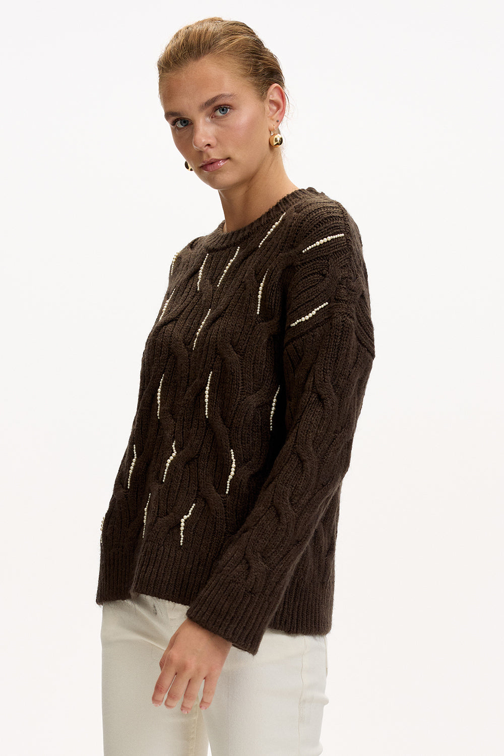 Brown Regular Fit Knit Blouse with Beaded Embroidery and Crew Neck