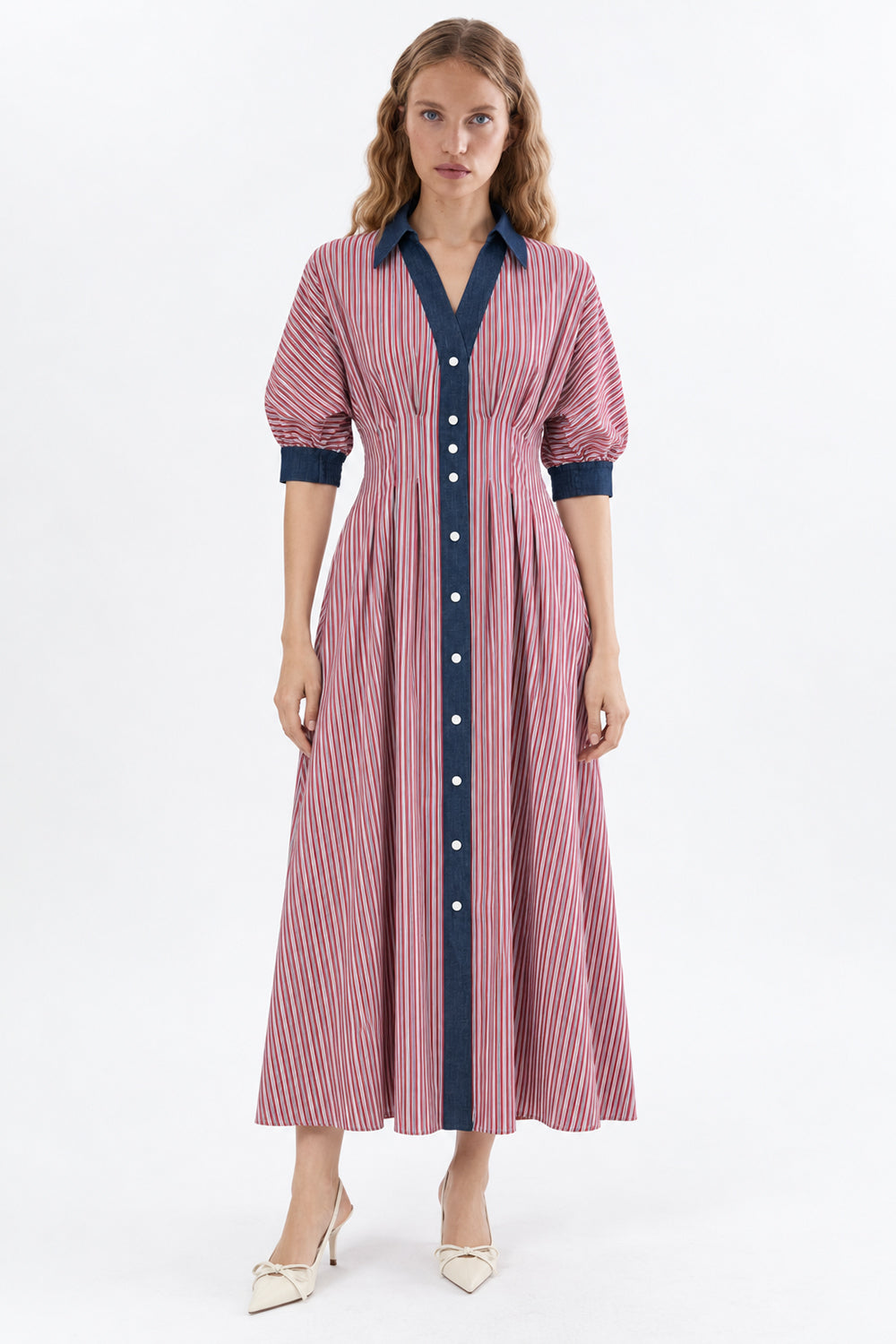 Denim Trim Raglan Sleeve Pleated Midi Dress - MULTICOLOR