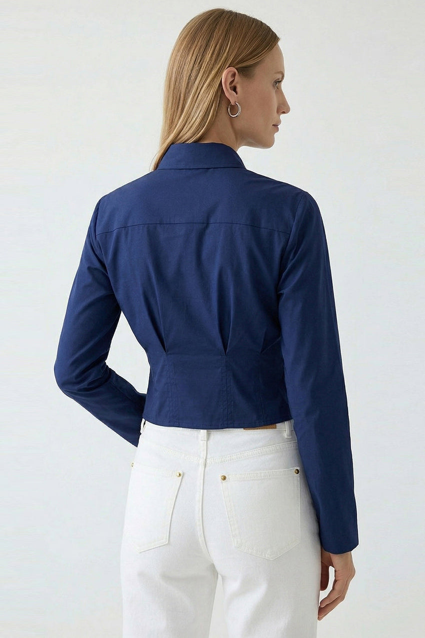Felecia Long Sleeve Crop Shirt - NAVY BLUE