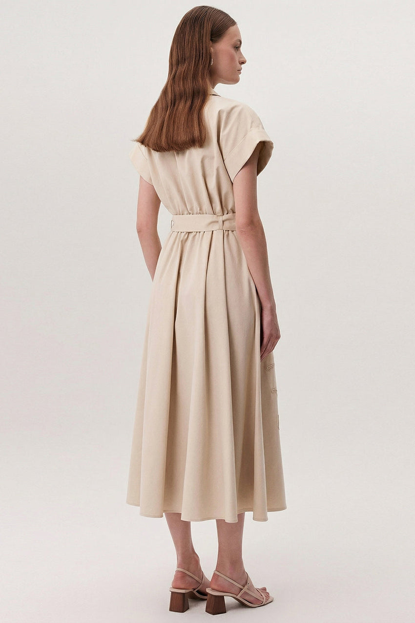Shirt Collar Short Sleeve Belted Pocket Midi Dress - CREAM